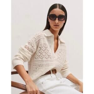 ME+EM Lofty Pointelle Curved Sweater Jumper Pullover Cream Knit XS Alpaca Wool